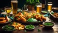 Grilled meat, fried appetizers, beer at pub generated by AI