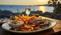 Grilled meat, fries, salad, and drink on outdoor table generated by AI Royalty Free Stock Photo