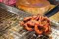 Grilled meat gut on a barbecue selective focus - internal organs