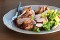 Grilled meat kebab and healthy vegetable salad of fresh radish, onion, lettuce on brown background Royalty Free Stock Photo