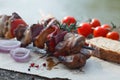 Grilled meat kebab with vegetables and bread