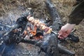 Grilled meat and lard on a skewer at the stake. Wildlife Cooking. Smoky flavor that grilling gives to food. Traditional pork Lard