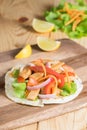 Grilled meat with onion and bell peppers, tomato,lettuce. Royalty Free Stock Photo