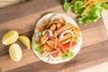 Grilled meat with onion and bell peppers, tomato,lettuce and serve with flour. Royalty Free Stock Photo