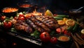 Grilled meat on a plate, barbecue, flame, cooked, freshness, summer generated by AI