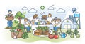 Grilled meat plate with vegetables in family outdoor lunch outline concept