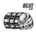 Grilled meat, Pork or beef meatloaf. Food in vintage style. Template for restaurant menu, emblems or badges. Hand drawn