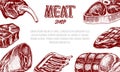 Grilled meat poster, Pork or beef steak. Barbecue BBQ banner. Food in vintage style. Background for restaurant menu