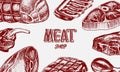 Grilled meat poster, Pork or beef steak. Barbecue BBQ banner. Food in vintage style. Background for restaurant menu