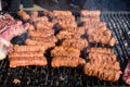 Grilled meat rolls called Mici or Mititei, traditional fresh Romanian barbeque grill food cooked on the barbeque at a street food Royalty Free Stock Photo