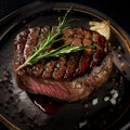 grilled meat with rosemary on a wooden plate beef steak with greens wooden table