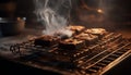 Grilled meat on rustic barbecue, smoke rising, homemade indulgence generated by AI