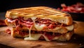 Grilled meat sandwich, fresh and melting, a gourmet lunch delight generated by AI