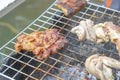 Grilled meat scorched on the grill, burnt