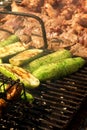 Grilled meat or shish kebab and vegetables. Fried on skewers on Royalty Free Stock Photo