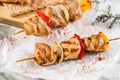 Grilled meat shish on skewers with vegetables on paper over light table. Healthy food. Hot meat dishes, shashlik food, closeup Royalty Free Stock Photo