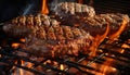 Grilled meat sizzles on hot barbecue flames generated by AI