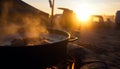 Grilled meat sizzles on yellow barbecue, smoke rising at dusk generated by AI