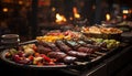 Grilled meat on skewer, a delicious barbecue feast outdoors generated by AI