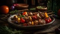 Grilled meat skewer with fresh vegetables, a gourmet summer meal generated by AI Royalty Free Stock Photo