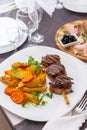 Grilled meat on a skewer with a side dish of vegetables and French fries Royalty Free Stock Photo