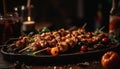 Grilled meat skewers on dark table, ready to eat gourmet appetizer generated by AI