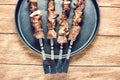 Grilled meat on skewers. The finished meat dish is on a black metal plate. Royalty Free Stock Photo