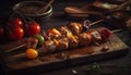 Grilled meat skewers with fresh vegetables on rustic wooden plate generated by AI Royalty Free Stock Photo