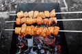 Grilled meat on skewers over the fire. Royalty Free Stock Photo