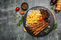 Grilled meat skewers, shish kebab with onion and sweet pepper. Georgian cuisine. hearty lunch or dinner, banner, menu, recipe Royalty Free Stock Photo