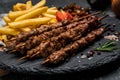 Grilled meat skewers, shish kebab with onion and sweet pepper. Georgian cuisine. hearty lunch or dinner, banner, menu, recipe Royalty Free Stock Photo