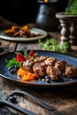 Grilled meat skewers, shish kebab with vegetables on plate. Good food. Delicious food. Generative AI Royalty Free Stock Photo