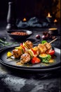 Grilled meat skewers, shish kebab with vegetables on plate. Good food. Generative AI Royalty Free Stock Photo