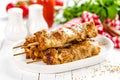 Grilled meat skewers, shish kebab on white background Royalty Free Stock Photo