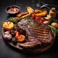 Grilled meat sliced tomahawk beef steak with spices vegetables Generative AI Royalty Free Stock Photo