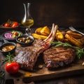 Grilled meat sliced tomahawk beef steak with spices vegetables Generative AI Royalty Free Stock Photo