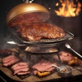 Grilled meat slices with bonfire background.