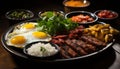 Grilled meat, tomato, freshness, gourmet, pork, plate, cooked, barbecue generated by AI
