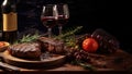 Grilled meat on top of wooden cutting board with glasses of wine and fruits next to it