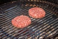 Grilled meat - two burgers on an outdoor grill Royalty Free Stock Photo