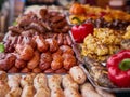 Grilled meat variety at street food store, pork, beef, chicken sausages stacks and red peppers on trays