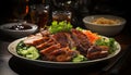 Grilled meat and vegetable plate, fresh and savory cuisine generated by AI