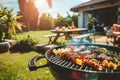 Grilled meat with vegetables on barbecue grill with smoke and flames in backyard, Generative AI