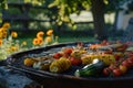 Grilled meat with vegetables on barbecue grill with smoke and flames in backyard, Generative AI