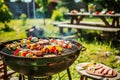 Grilled meat with vegetables on barbecue grill with smoke and flames in backyard, Generative AI