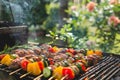 Grilled meat with vegetables on barbecue grill with smoke and flames in backyard, Generative AI