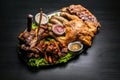 Grilled meat, vegetables, chicken, hot dogs, sausages grilling, sauce, salad served on a plate Royalty Free Stock Photo