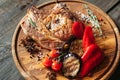 Grilled meat with vegetables closeup