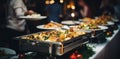 Grilled meat and vegetables, Food on a buffet table at the hotel, Group of people on catering buffet food indoor in Royalty Free Stock Photo