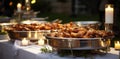 Grilled meat and vegetables, Food on a buffet table at the hotel, Group of people on catering buffet food indoor in Royalty Free Stock Photo